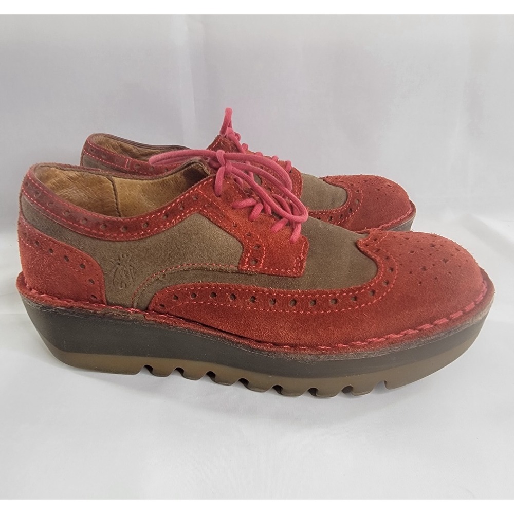 Fly London Jane Leather Oxford Lace Up Chunky Lug Sole Shoes Size 37 Red Sand